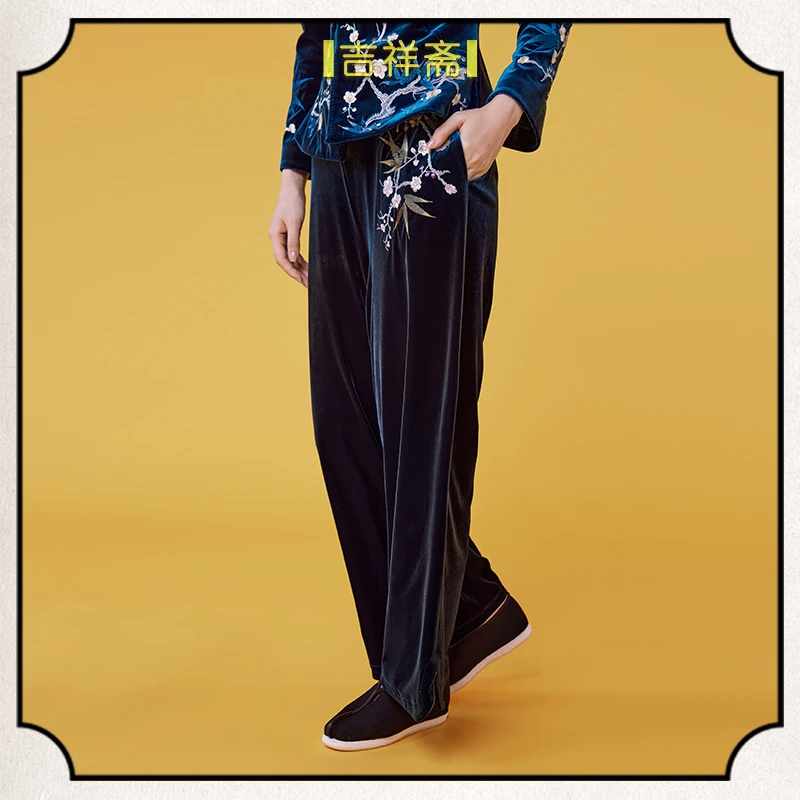 吉祥斋|吉祥斋|梅影竹间长裤 丝绒梅竹精工刺绣国风长裤
