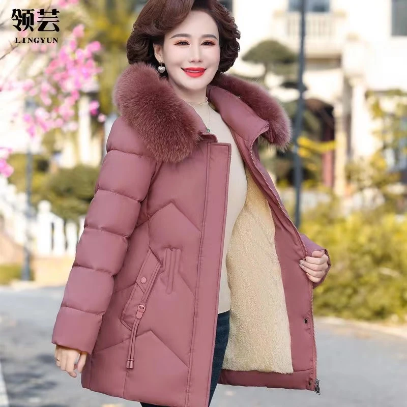 妈妈冬装加厚棉衣中长款中老年女装加绒外套时尚保暖棉袄
