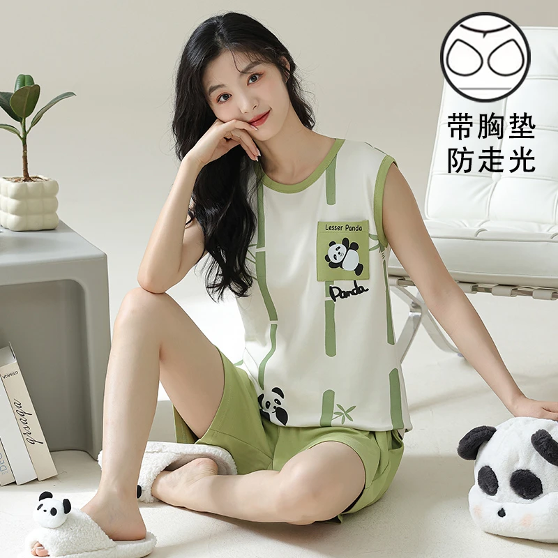 睡衣女夏季凉感背心短裤两件套宽松胸垫防凸点薄款无袖家居服套装