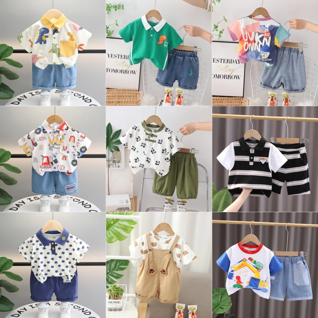 儿童夏季组合短袖衬衫套装男童洋气小童男宝卡通夏款半袖POLO衫潮