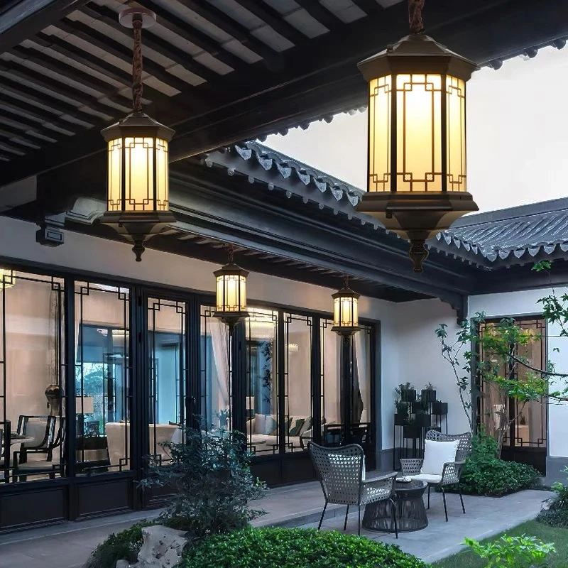 外墙防水家用太阳能led灯户外花园别墅走廊过道灯新中式复古吊灯