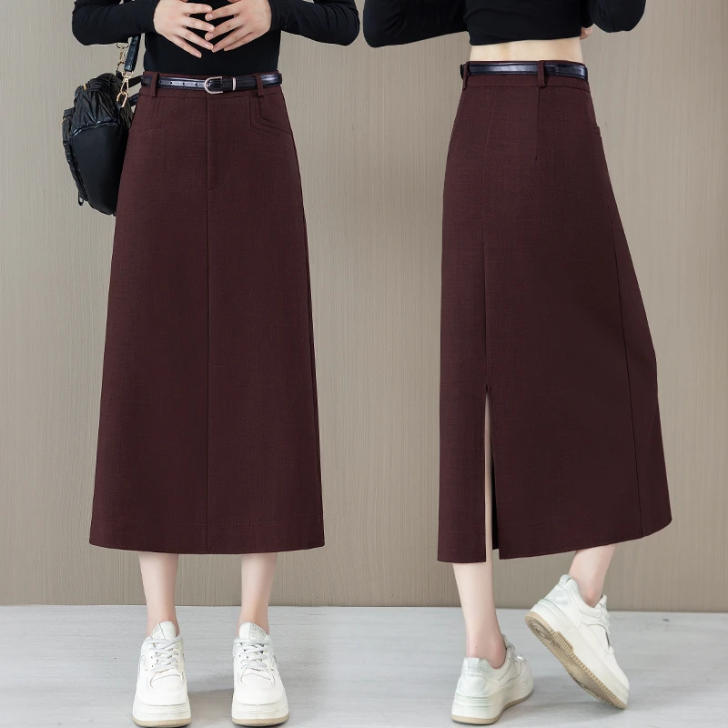 安哥拉红裙子早秋2024新款高腰显瘦中长款过膝长裙a字气质半身裙