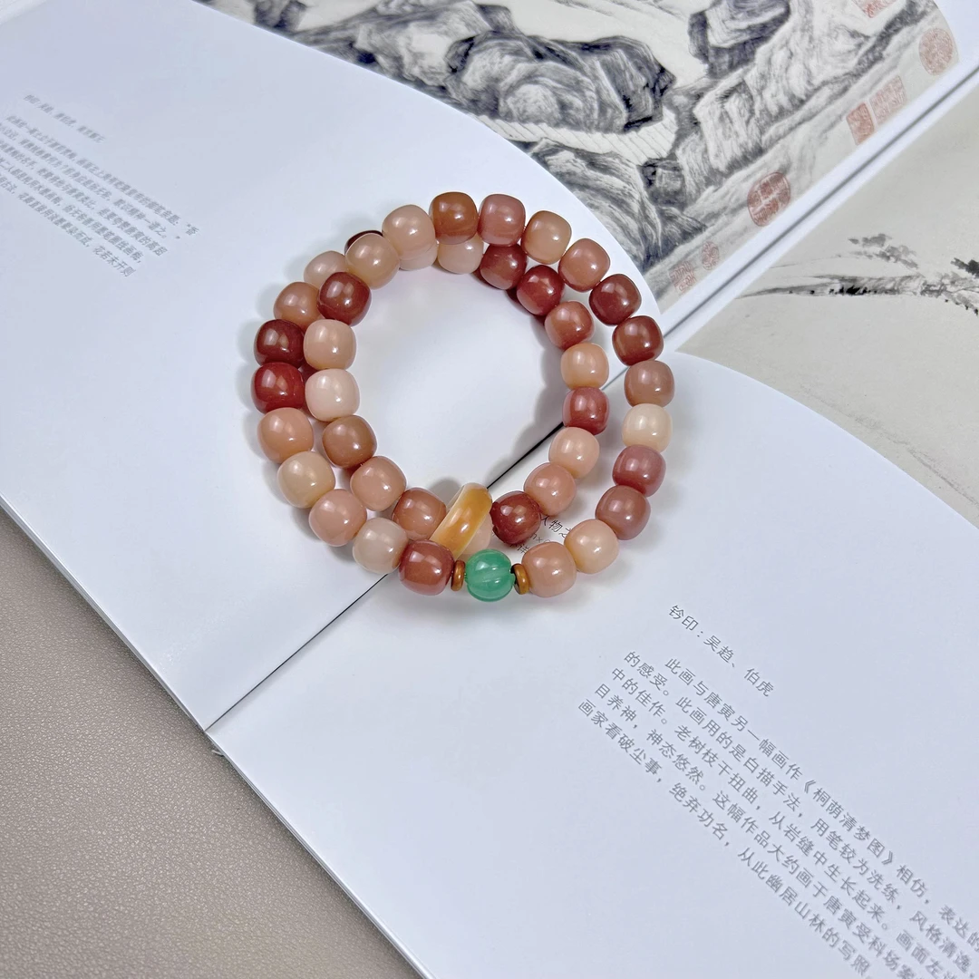 桃花朵朵双圈 菩提根白玉菩提菩提手串