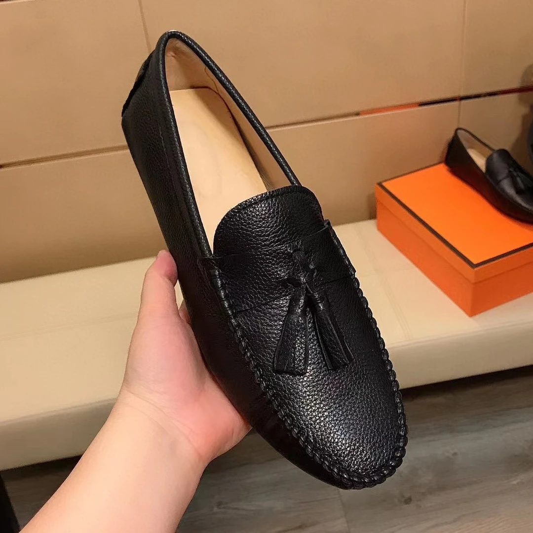 黑色流苏豆豆鞋男鞋潮流高端一脚蹬皮鞋真皮透气软底薄款驾车舒适