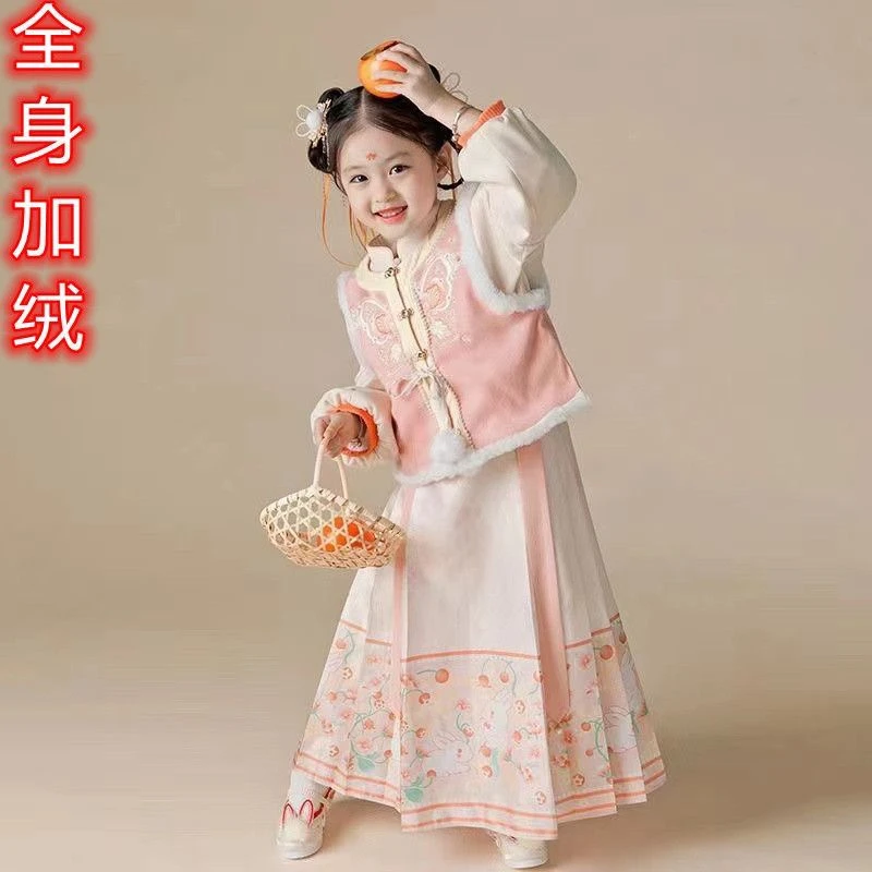 中国民族儿童拜年汉服女童宝宝加厚三件套套装古装过年古风唐装