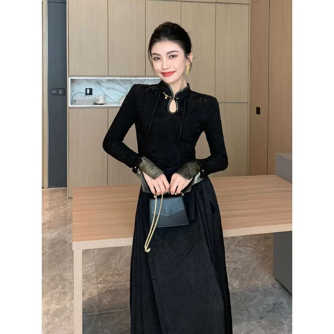 JIJINQI新中式国风长袖上衣拼接设计感黑色盘扣衬衫 JINQCSP0201