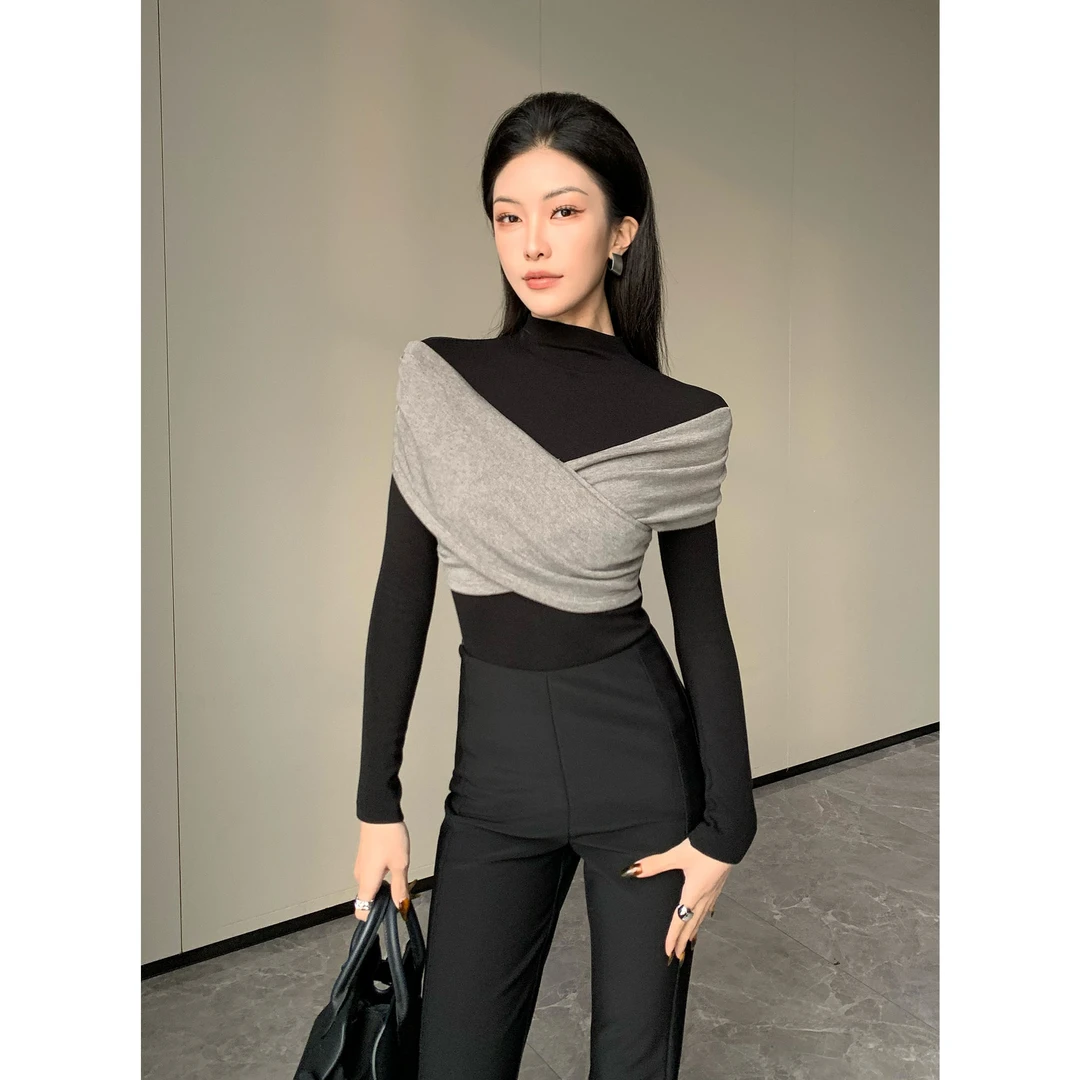 JIJINQI显瘦气质长袖修身设计感上衣撞色半高领长袖  JC11SZXL354