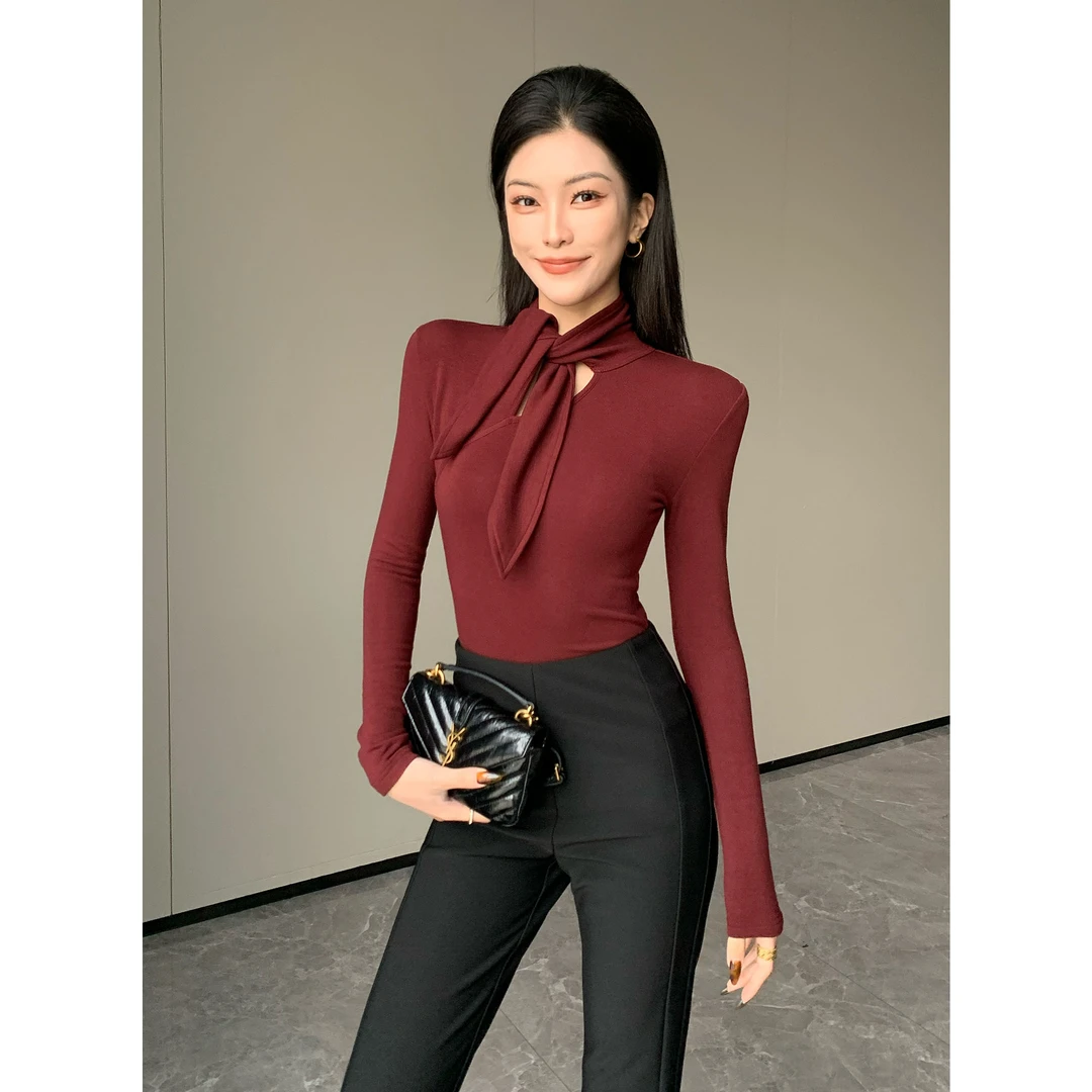 JIJINQI显瘦气质修身秋冬打底上衣高级感飘带设计长袖JC10SZHM007