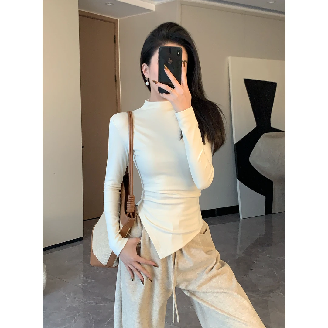 JIJINQI气质显瘦修身不规则打底上衣短款百搭长袖针织JC10SZPT586