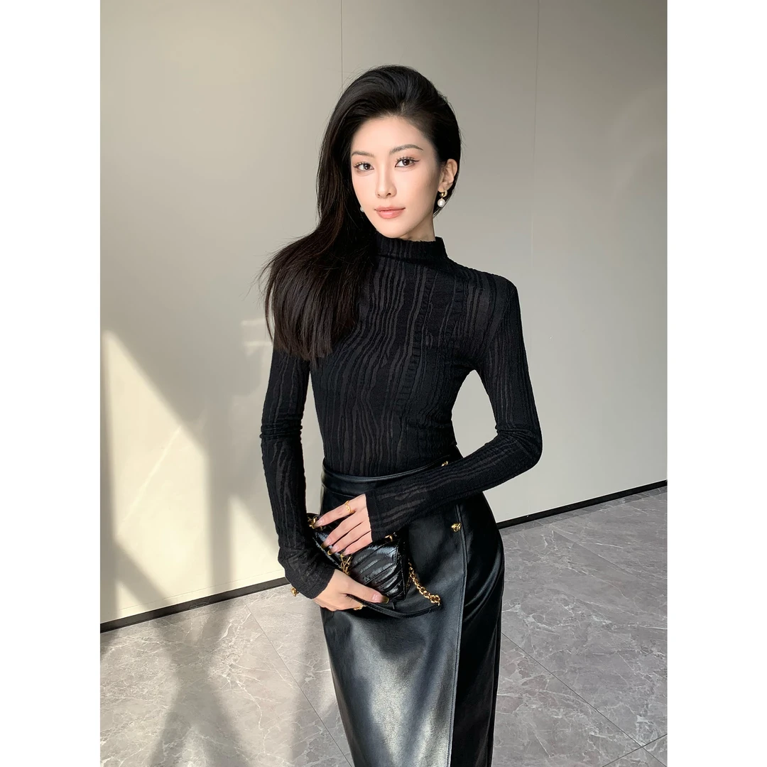 JIJINQI显瘦时尚长袖百搭黑色半高领打底上衣半身裙JC10SZPT532