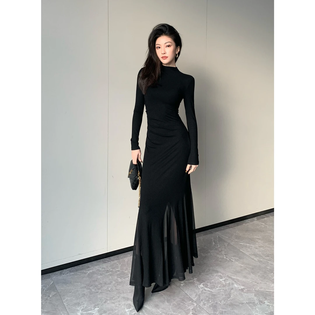 JIJINQI显瘦气质修身长袖连衣裙秋季新款黑色收腰长裙JINQCSP0568