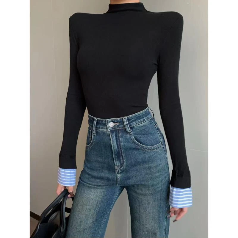 【小碗私服】秋冬显瘦拼色针织衫半高领修身条纹长袖上衣JINQB1107