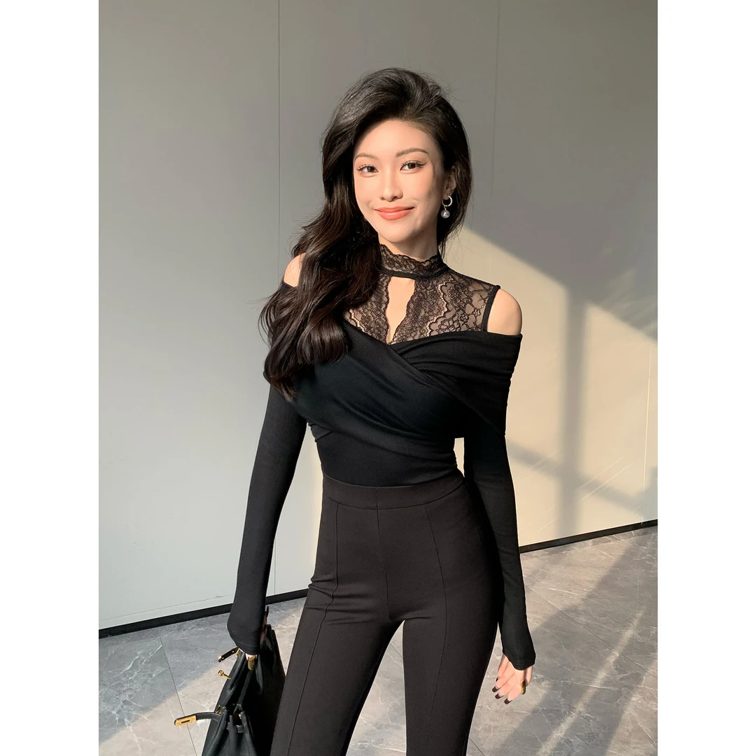 JIJINQI气质长袖时尚设计感上衣秋季显瘦性感蕾丝衫 JC08SZPT350