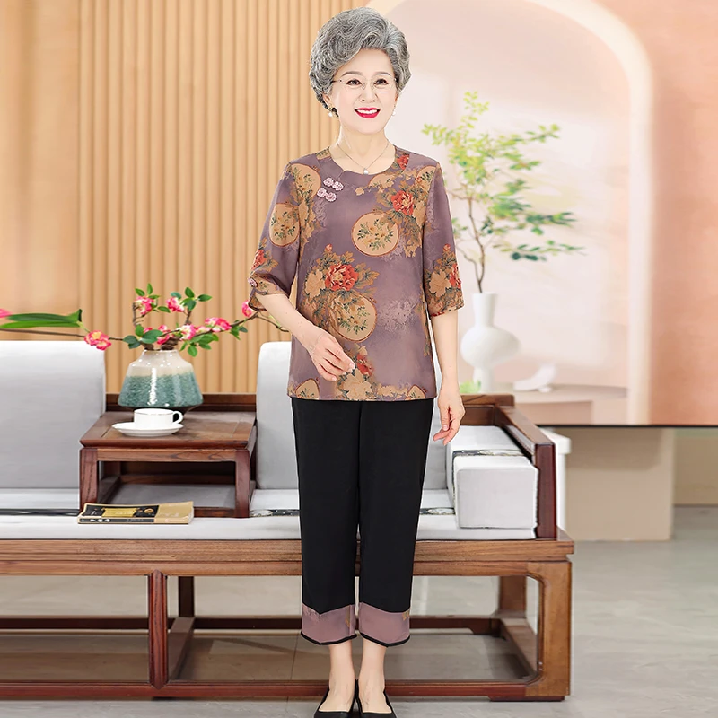 复古妈妈夏装新中式套装中老年女装国风衬衫奶奶装夏季中袖两件套