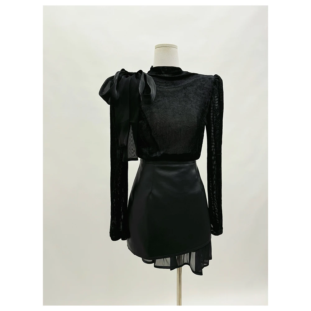 法式泡泡袖 平面植绒配韩国纱丝带长袖上衣CT098