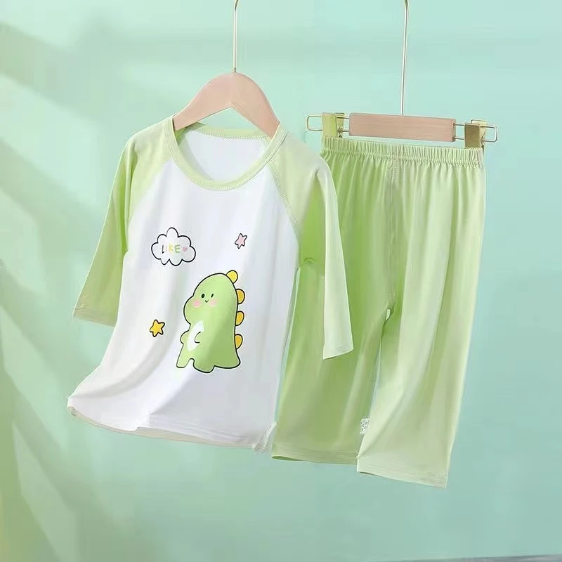 儿童莫代尔睡衣夏季薄款男女宝宝七分袖家居服套装冰丝女童空调服