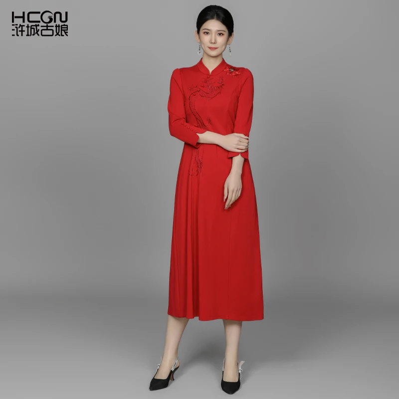 【罗马棉】国风修身显瘦百搭时尚立领女刺绣龙腾瑞龙连衣裙ACL17925