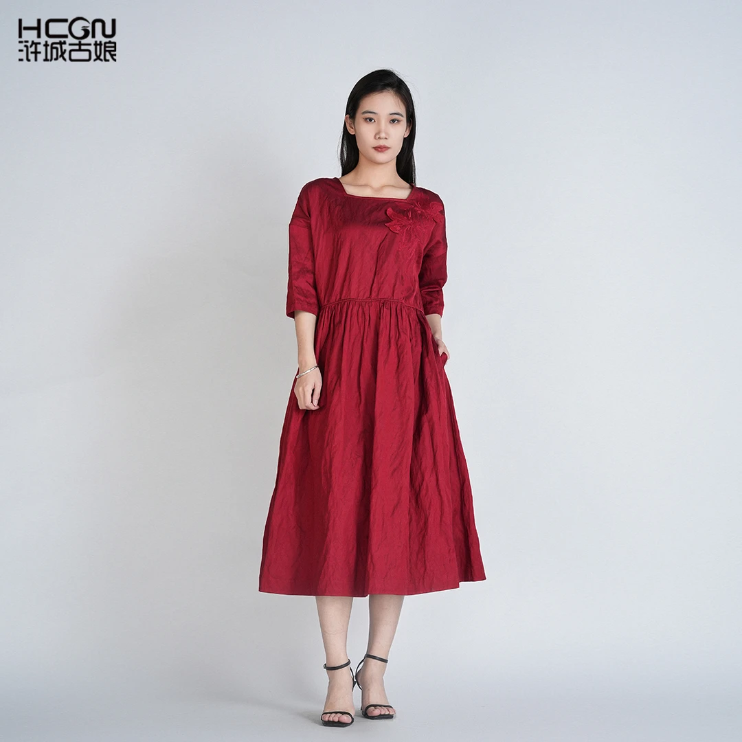hcgn/浒城古娘国风气质通勤显瘦精致刺绣素晚连衣裙HASS010002