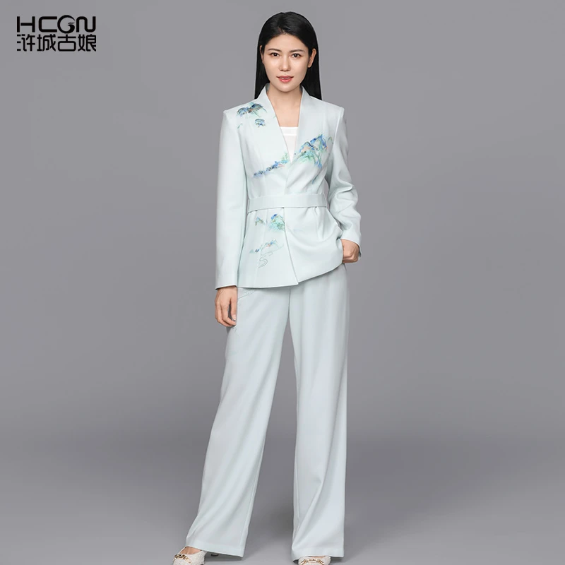 中式醋酸精致刺绣淡雅气质女西服青绿江山套装CMT18813+CMT19599
