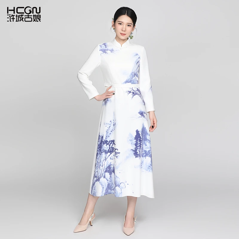 中国风秋季醋酸气质时尚重工刺绣设计感女水墨丹青连衣裙CMT17785