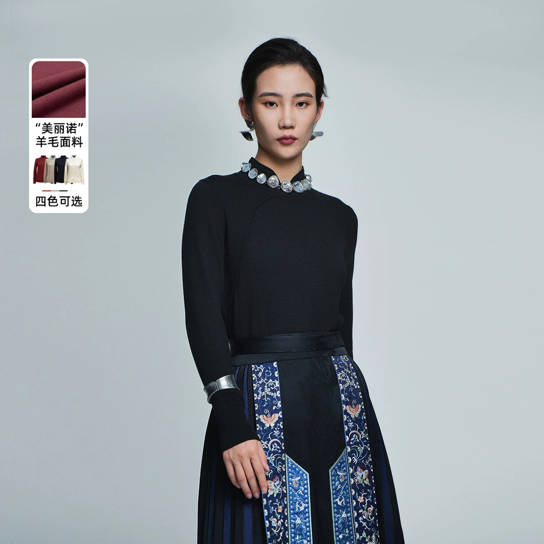 新中式国风女装早秋薄款纯羊毛山羊绒毛衣简毛衫GDC61901