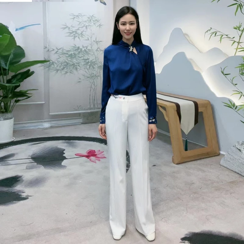秋季新款中式刺绣花百搭显瘦通勤宽松垂感女蝶恋梅西裤CMT19625