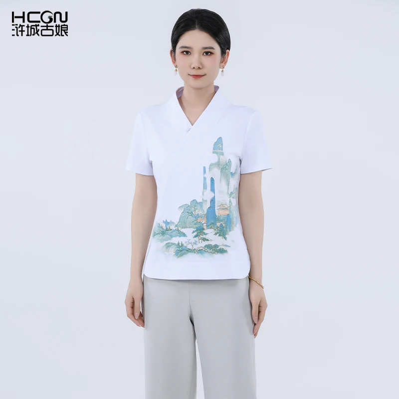 新中式国风盘扣提花刺绣上衣v领短袖仙山楼阁印花T恤女-BCL181111