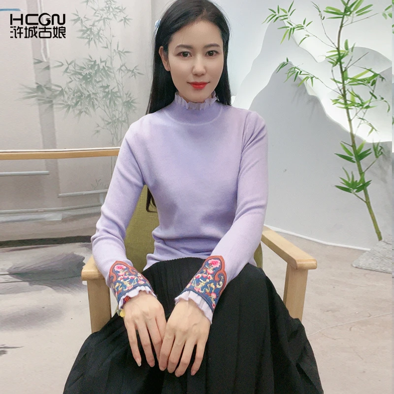 浒城古娘冬季修身精致刺绣女士圆领织花时尚套头毛衫上衣WM927112