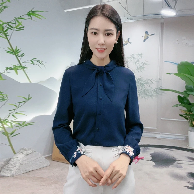 国风海军领清凉舒适刺绣女士百搭V领绣花气质渭媛衬衫-CMT18883