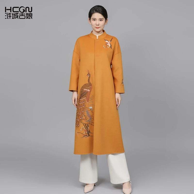 山羊绒绵羊毛气质国风重工刺绣中长款秋冬灵雀双面呢大衣DMT11351