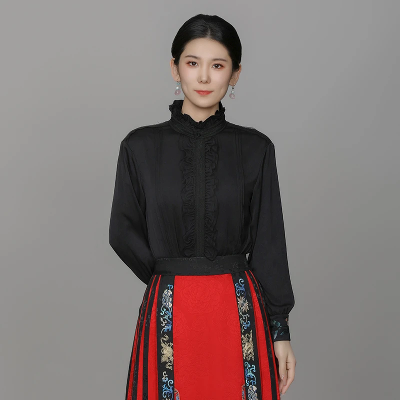 【醋酸】国风精致刺绣复古木耳女边百搭时尚梅竹报喜衬衫ACL181057