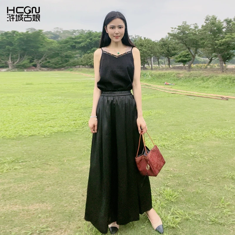 浒城古娘新中式香云纱精致提花显瘦高腰百搭时尚女阔腿裤WS050130