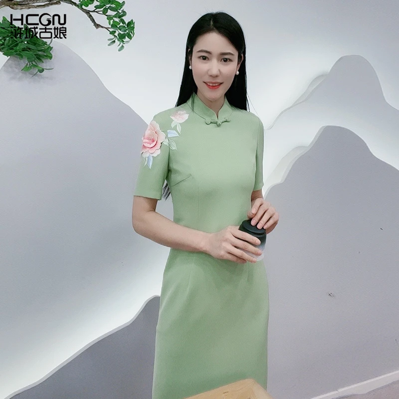 夏季新款中式绣花时尚清新女优雅立体湘妃芍药连衣裙BMT17658