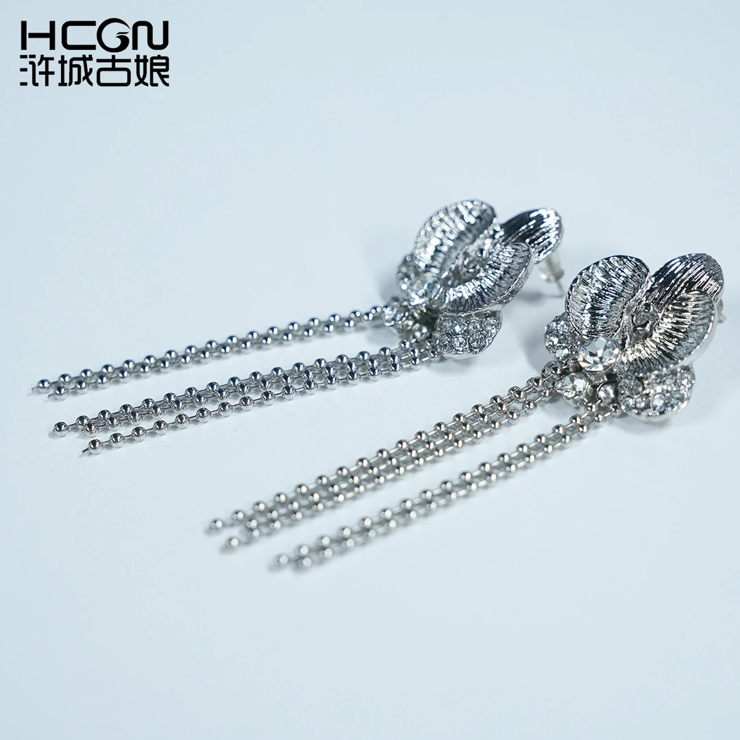 非金属布艺耳饰 简约百搭玫瑰锆石链条流苏设计感耳钉环EH112950