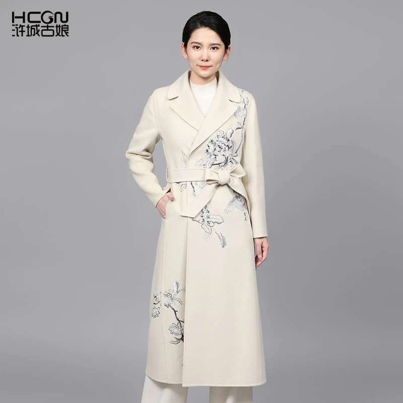 浒城古娘中式刺绣羊毛长袖双面呢繁花似锦中长款羊绒大衣DMT11339