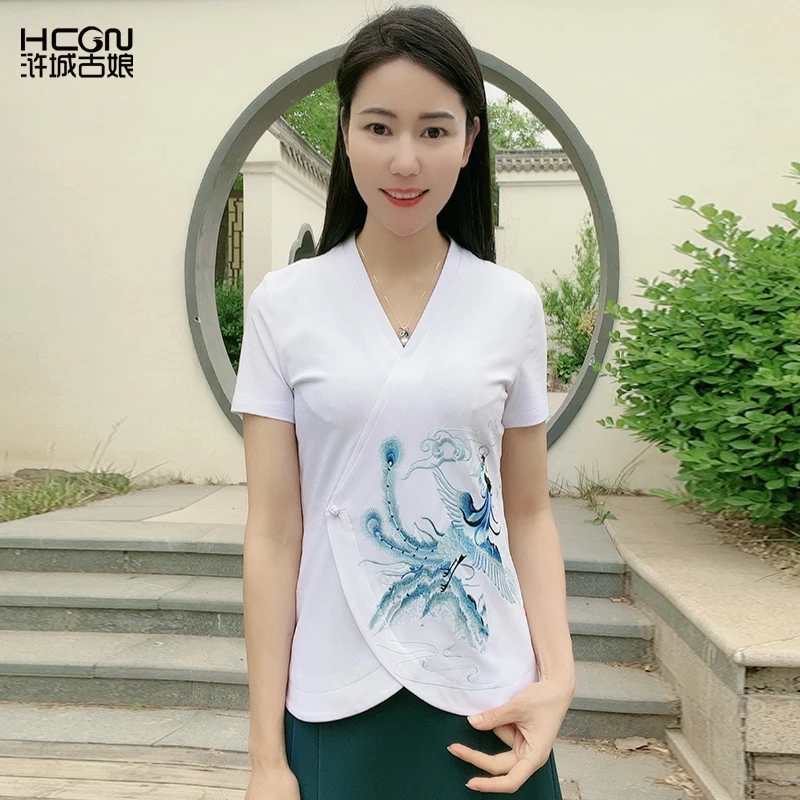 夏季中式精致刺绣花简约百搭通勤打底女小青绿上衣V领T恤BMT18810