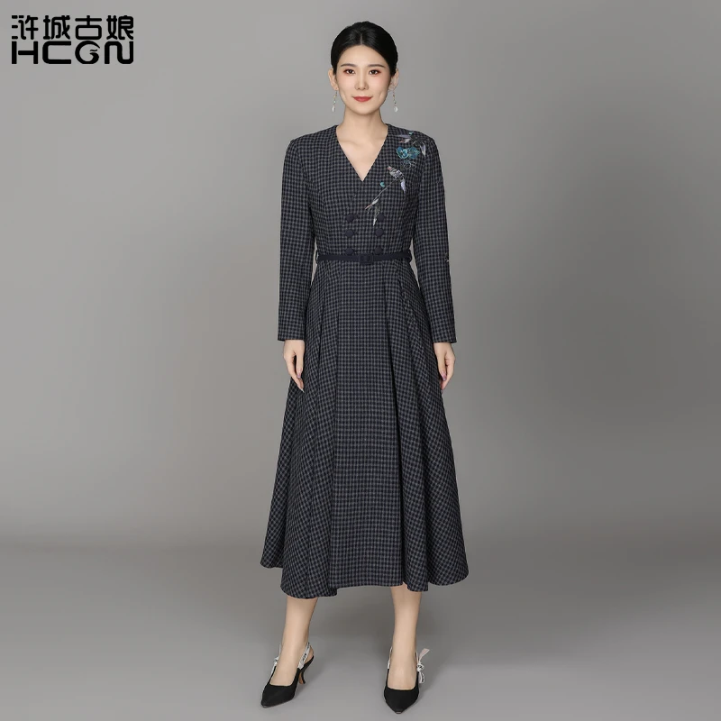 【绵羊毛】格纹百搭时尚日常通勤优雅绣花女鸟语花香连衣裙ACL17898