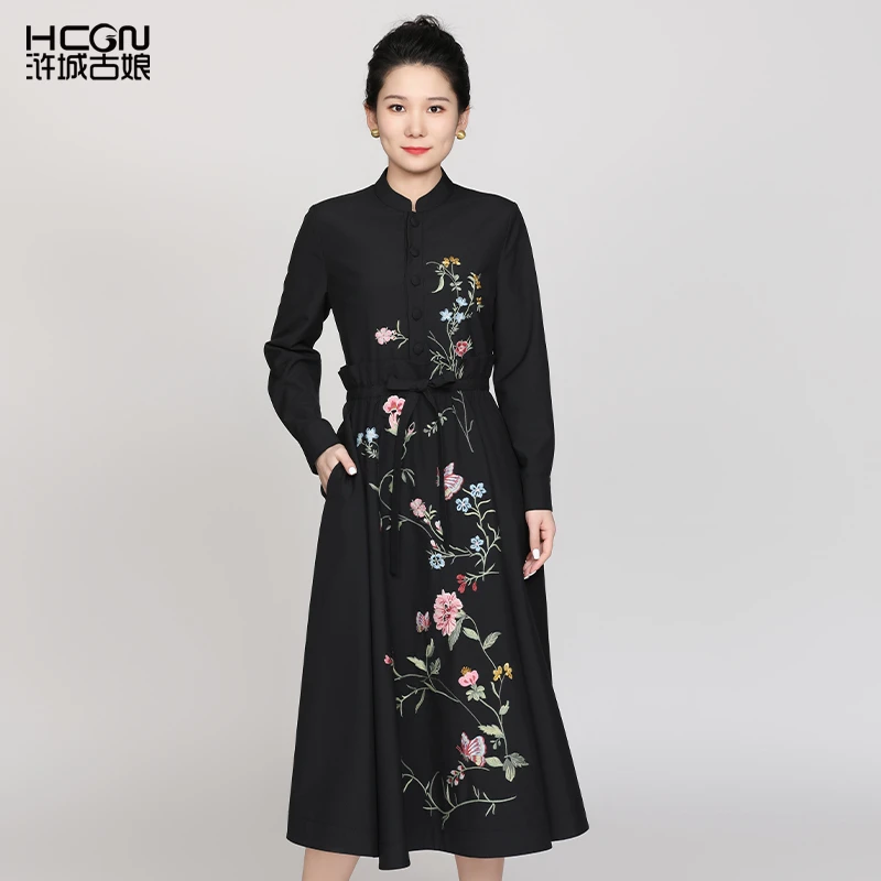 绵羊毛国风秋黑色重工刺绣花优雅长袖立领花香四溢连衣裙CMT17796
