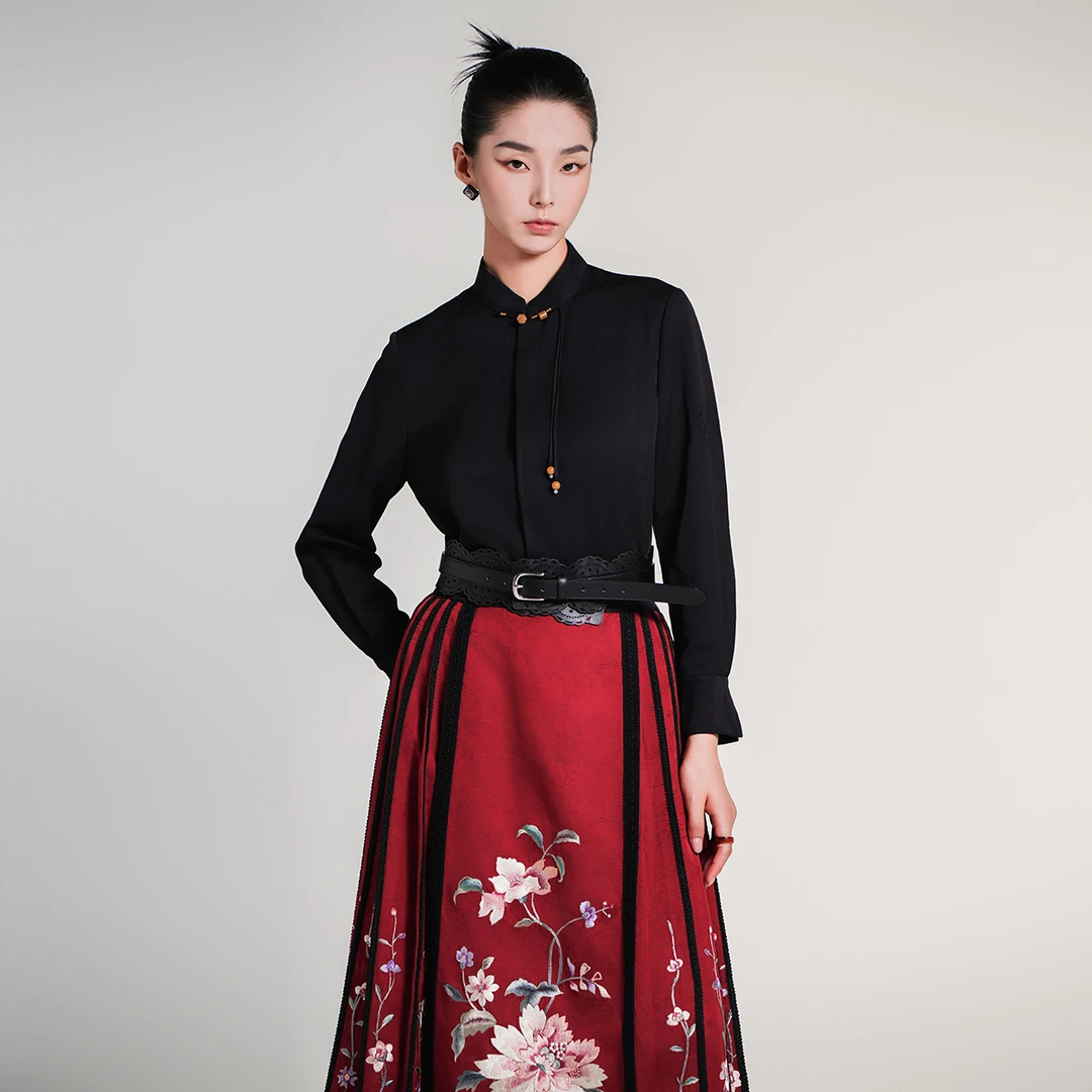 国风绵羊毛提花上衣女立领气质通勤百搭舒适幽兰芳衬衫DCL181150