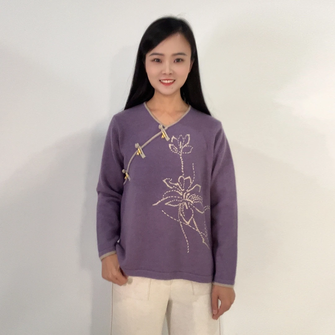 国风盘扣舒适百搭上衣长袖圆领保暖秋冬新款女毛衣WG1025912