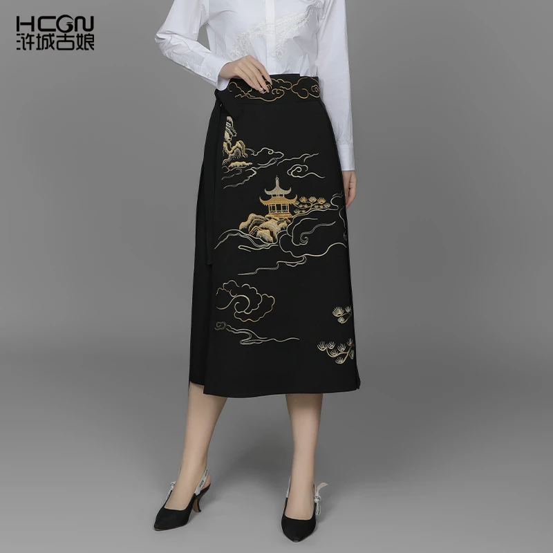 浒城古娘国风中式气质精致刺绣女中长款琼台玉阁裹裙ACL19723