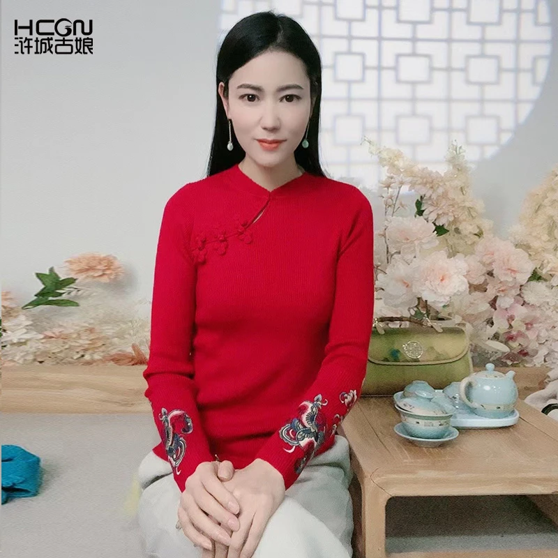 浒城古娘中国风手工盘扣刺绣花女士装百搭修身时尚针织上衣-W239