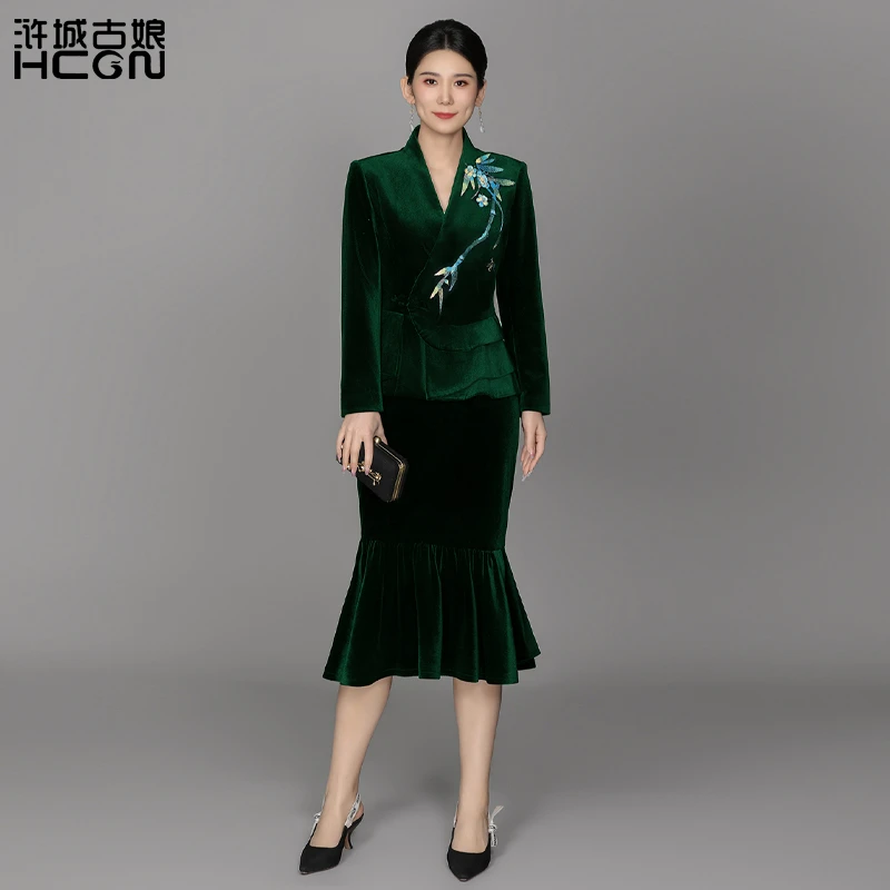 国风精致刺绣鱼尾修身显瘦如意丝绒套装ACL18991+ACL19697