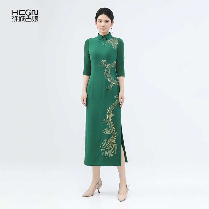 浒城古娘高端新中式国风女后妈裙长款灵犀游龙旗袍连衣裙22B17165