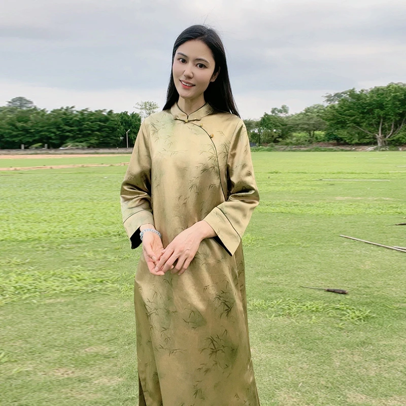 夏天裙子中国风高贵轻奢中长款100%桑蚕丝宽松长袖连衣裙WS050159