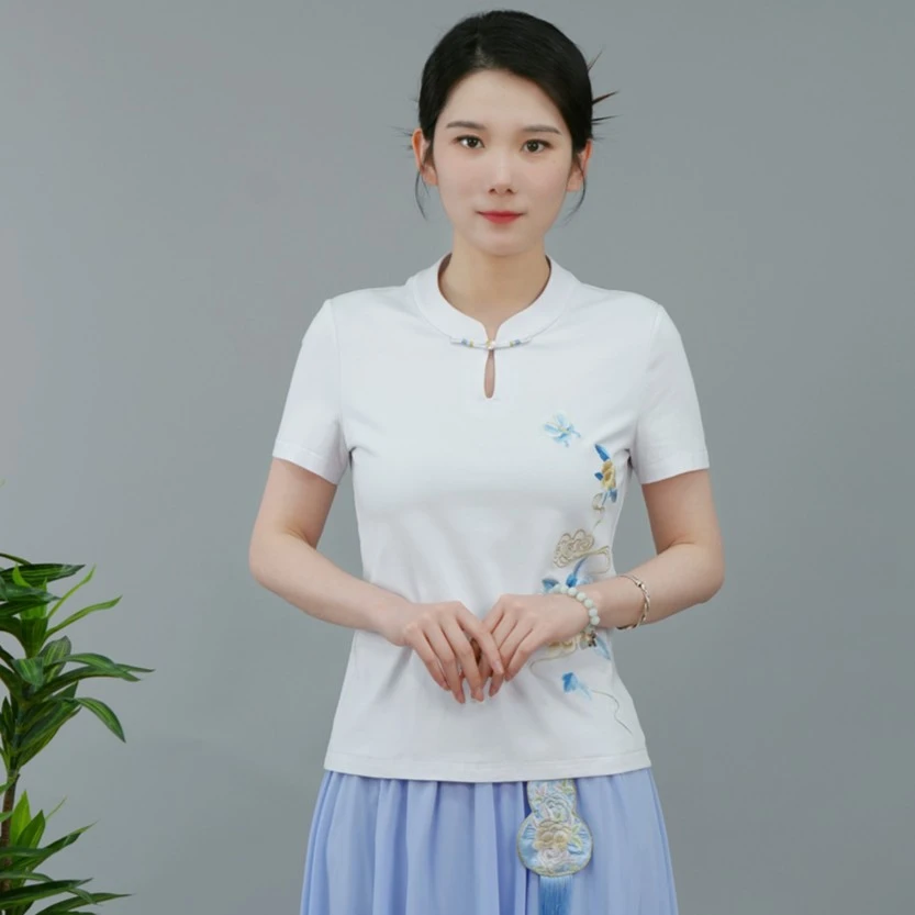 夏季新中式立领国风盘扣提花刺绣国色女上衣短袖BMT18786