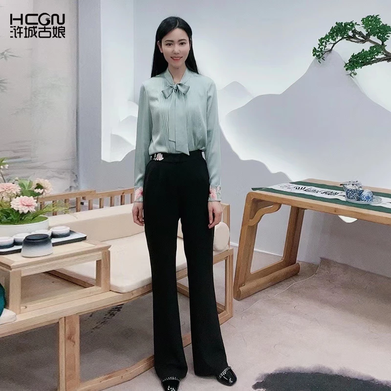 浒城古娘中式国风舒适百搭经典黑色休闲微喇花媚裤子-19A23523