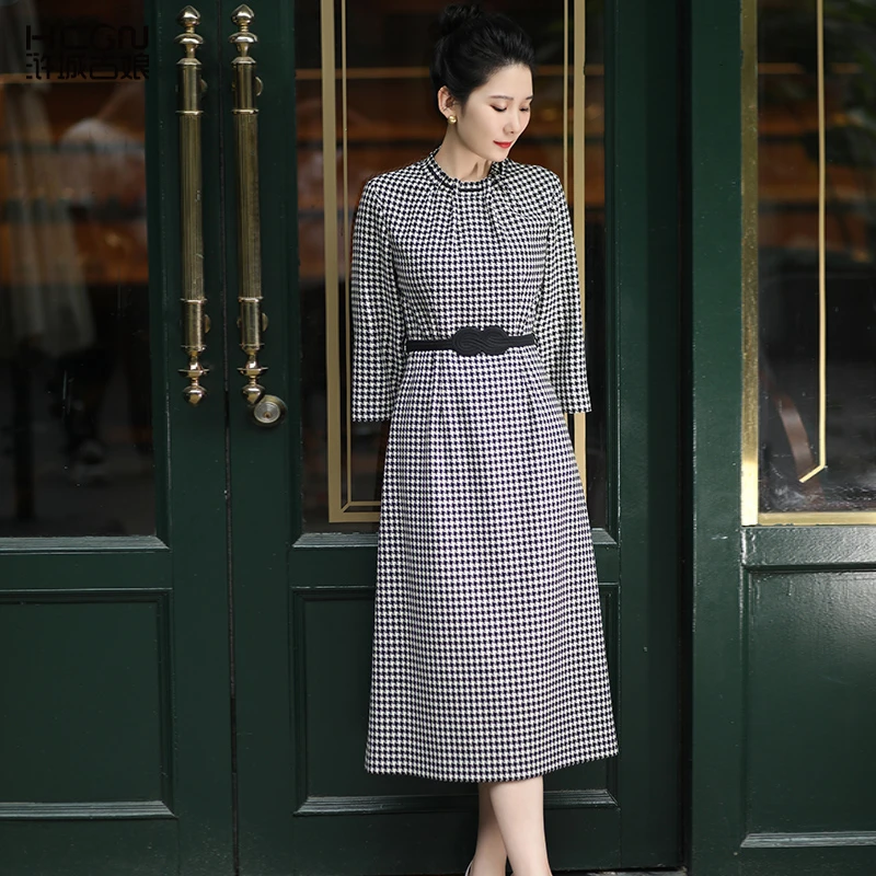 浒城古娘绵羊毛高定收腰高级感显瘦千鸟格瑞锦连衣裙CMT17823