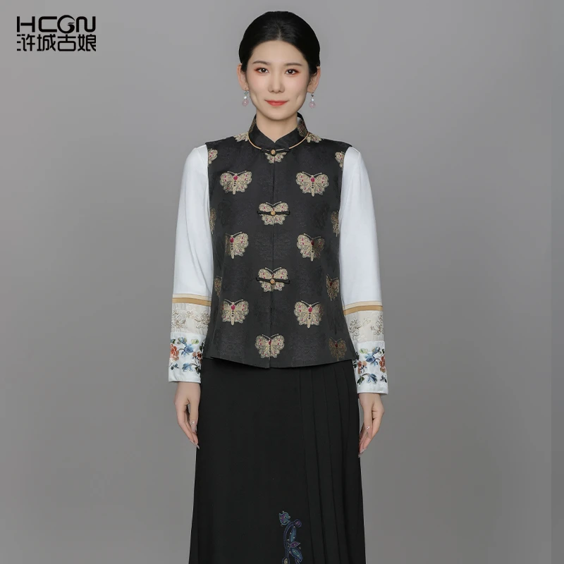 【桑蚕丝】国风提花中式文艺百搭时尚复古女百蝶送福马甲ACL181050