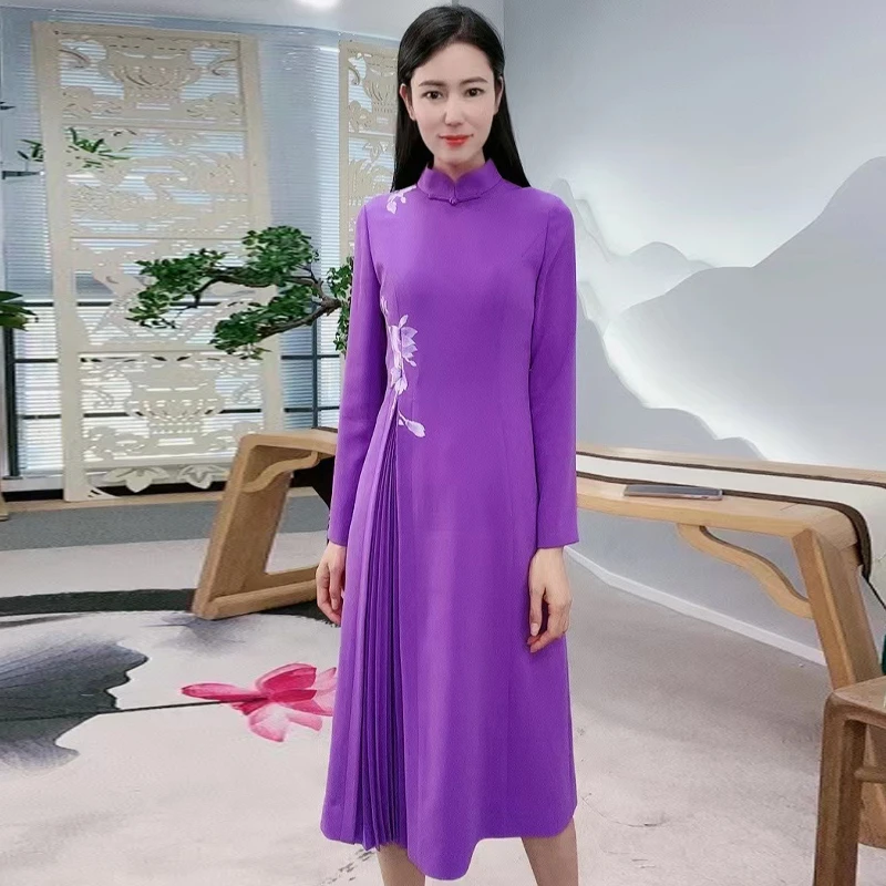 浒城古娘国风刺绣时尚气质大气高贵复古女神淡然连衣裙-22C17269